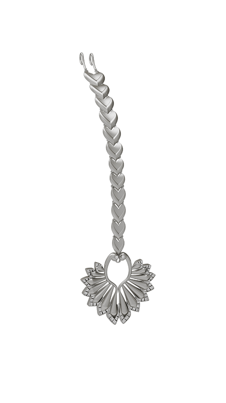 Rasmalai Hairdrip in sterling silver, product photo on black – maang tika, Bhavya Ramesh