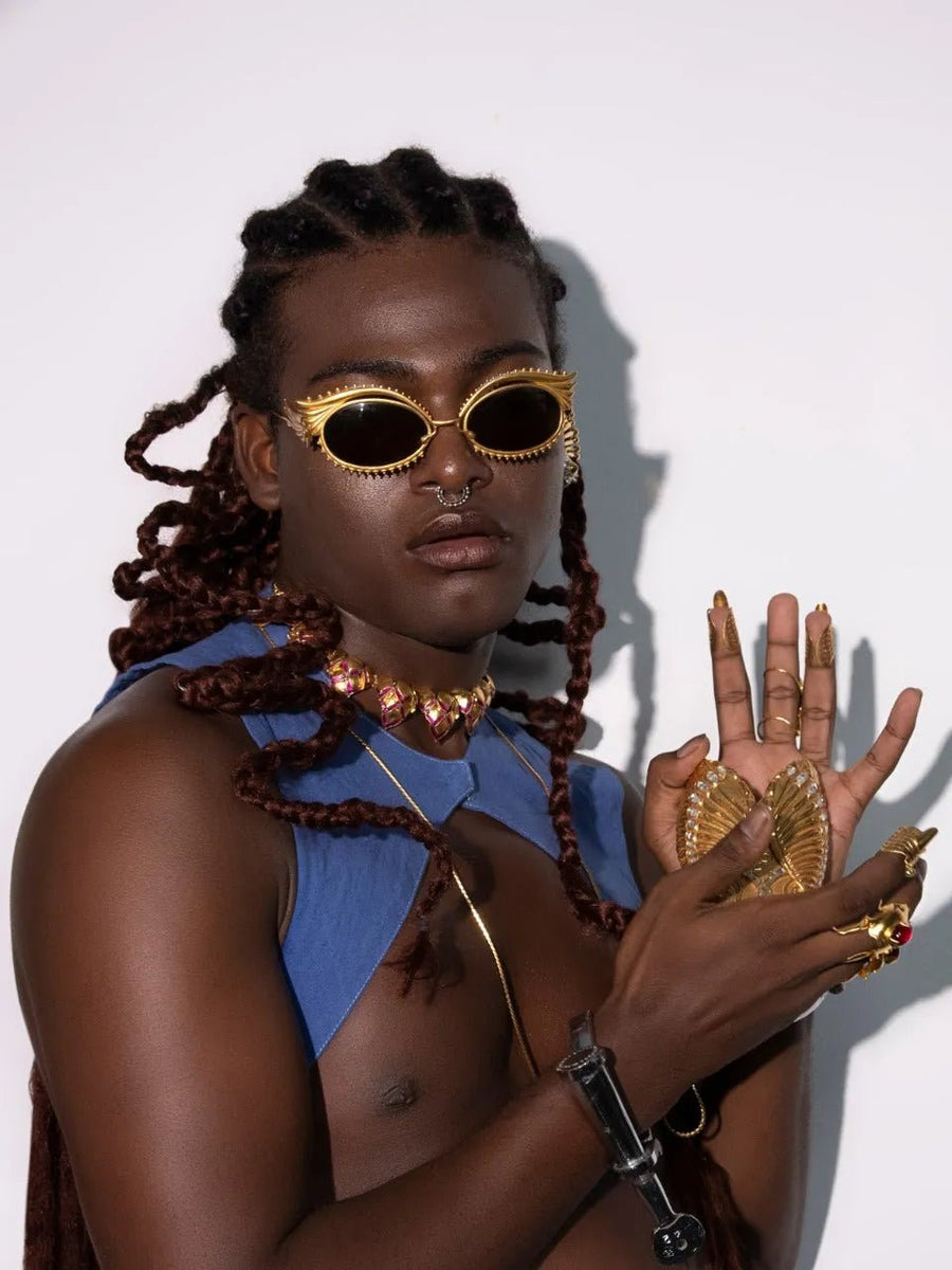 Chakri Sunglasses in 18-carat gold plating on sterling silver, worn by a model – sunglasses, Bhavya Ramesh