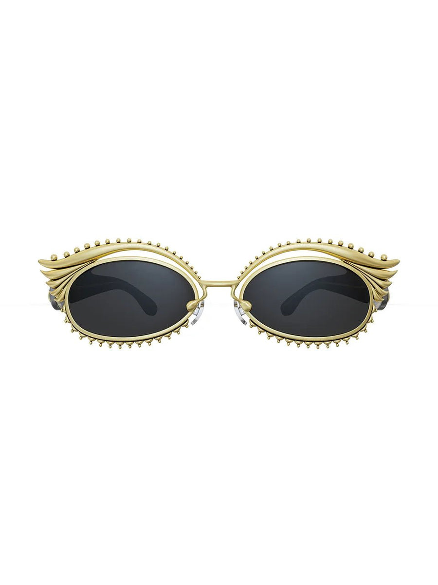 Chakri Sunglasses in 18-carat gold plating on sterling silver, product photo on black – sunglasses, Bhavya Ramesh