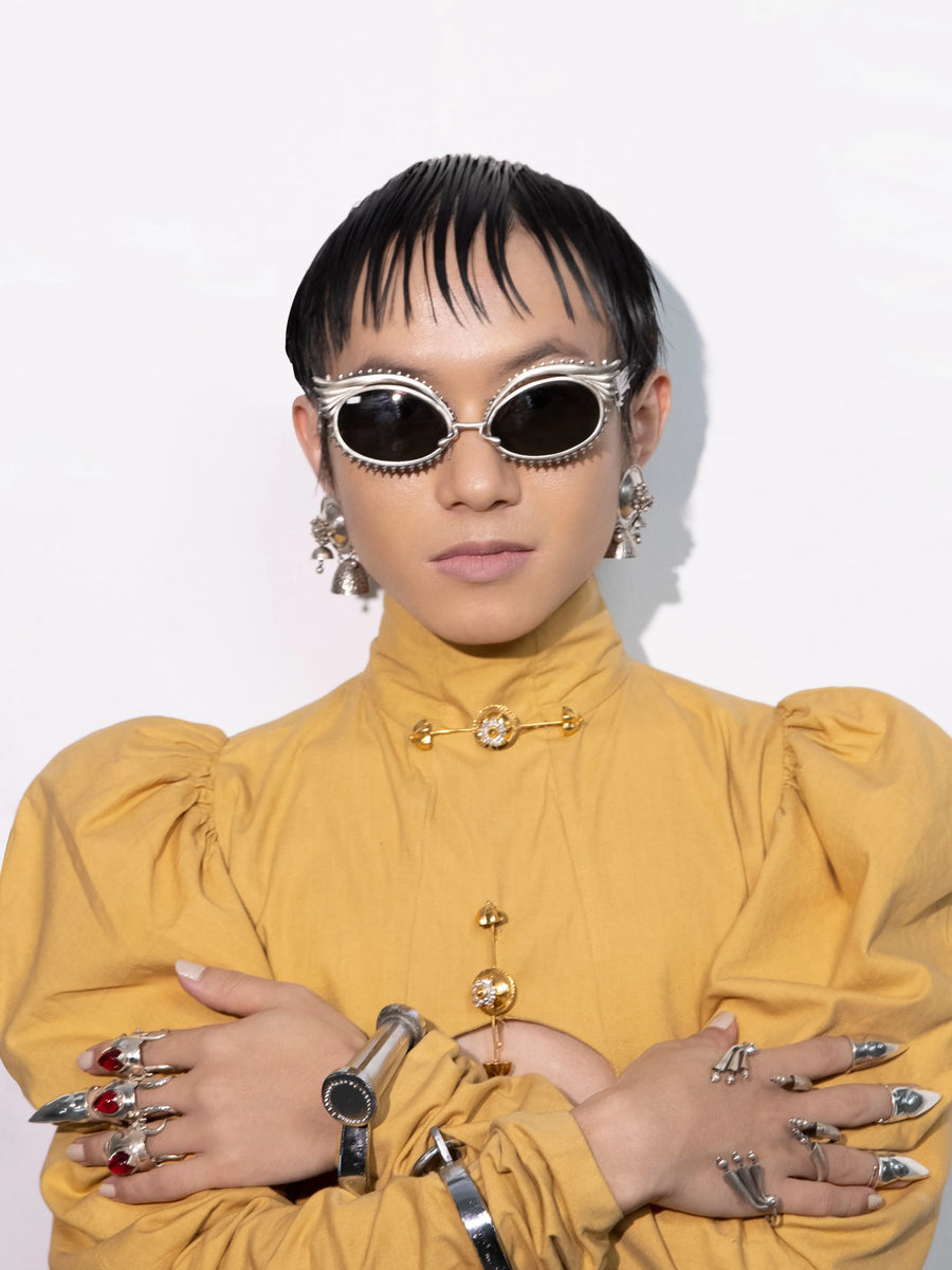 Chakri Sunglasses in 925 sterling silver, worn by a model – sunglasses, Bhavya Ramesh