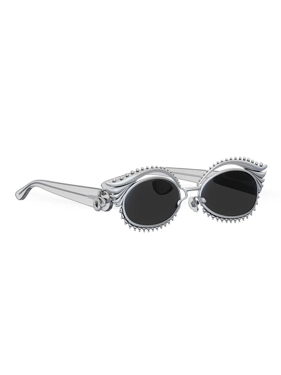 Chakri Sunglasses in 925 sterling silver, product photo on black – sunglasses, Bhavya Ramesh