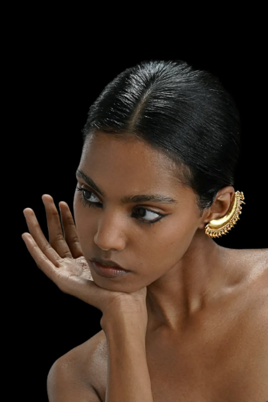 Tusk Earclips in sterling silver, worn by a model – ear clips, Bhavya Ramesh