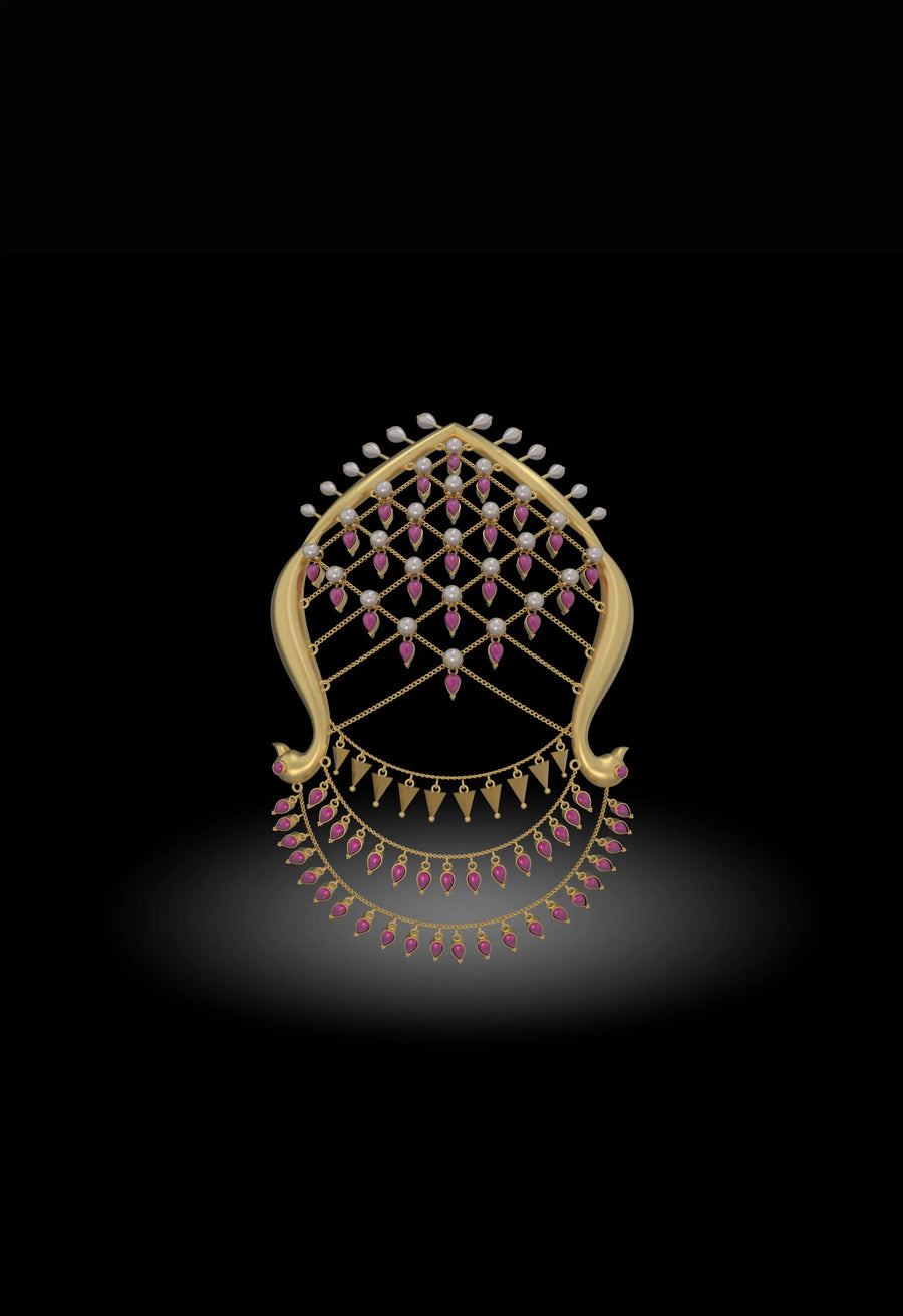 Jhilmil in 18-carat gold plating on sterling silver, product photo on black – hair harness, maangtika, Bhavya Ramesh