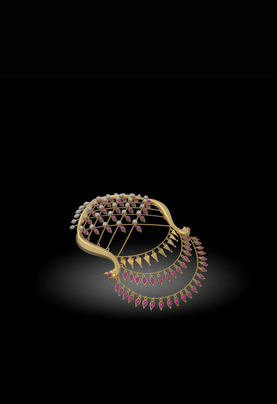 Jhilmil in 18-carat gold plating on sterling silver, product photo on black – hair harness, maangtika, Bhavya Ramesh
