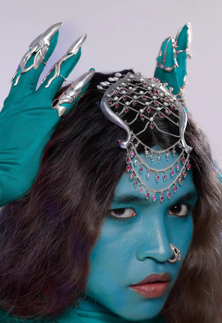 Jhilmil in sterling silver, product photo on black – hair harness, maangtika, Bhavya Ramesh