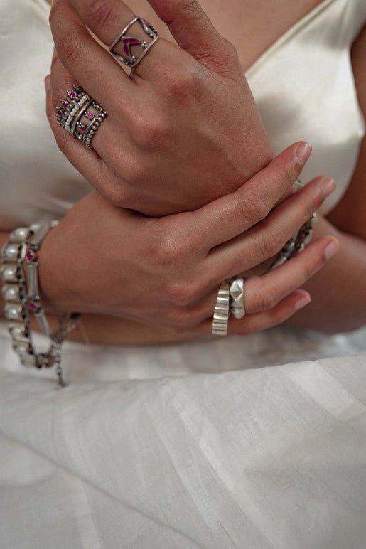 Adrift Ring in sterling silver, worn by a model – rings, Bhavya Ramesh