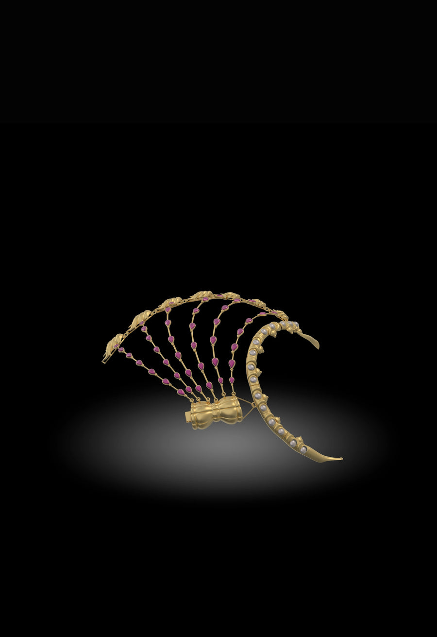 Blade Bearer in 18-carat gold plating on sterling silver, product photo on black – hair harness, maangtika, Bhavya Ramesh