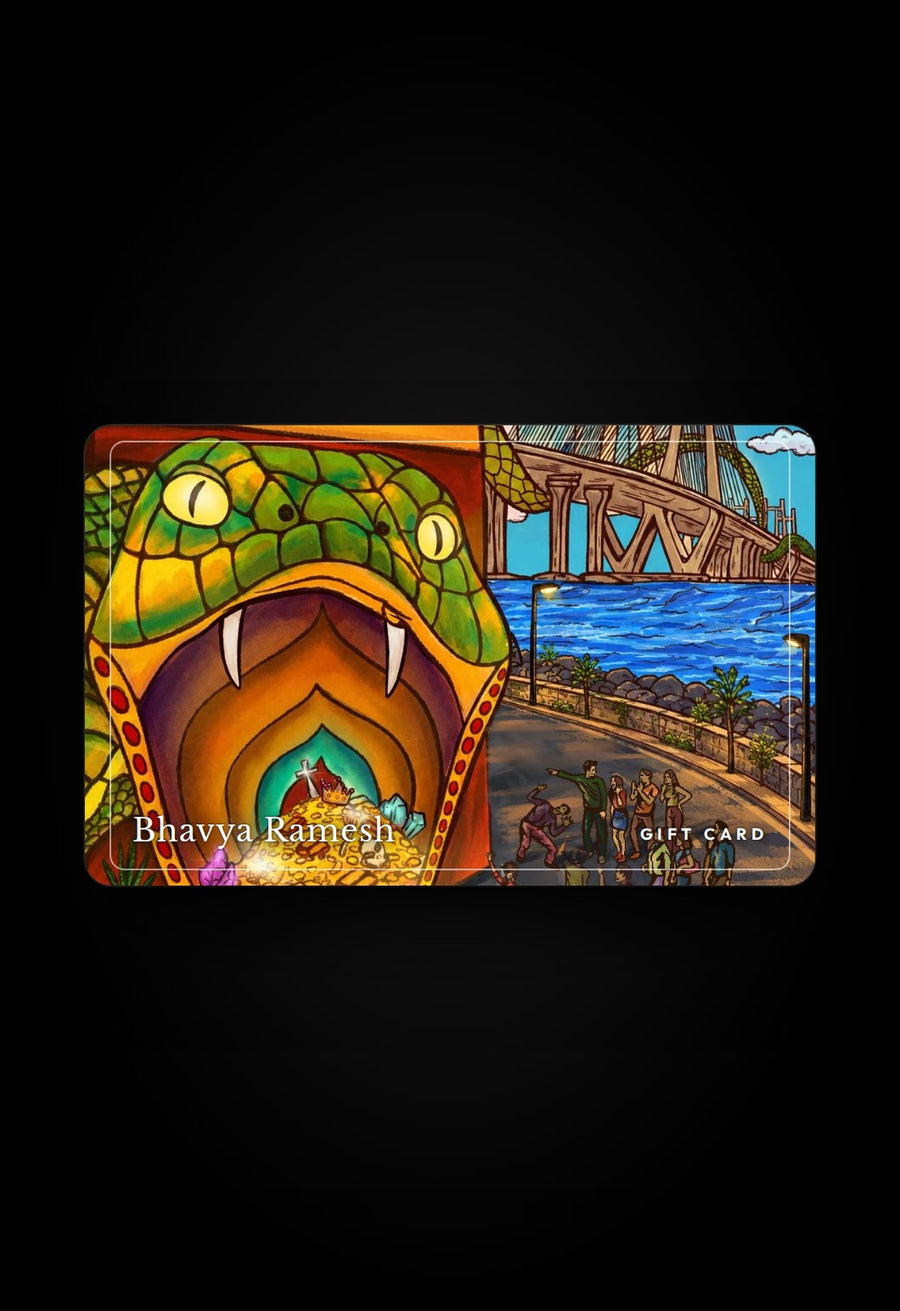 Bhavya Ramesh gift card, front: a serpent shopfront full of treasure with the Sea Link behind