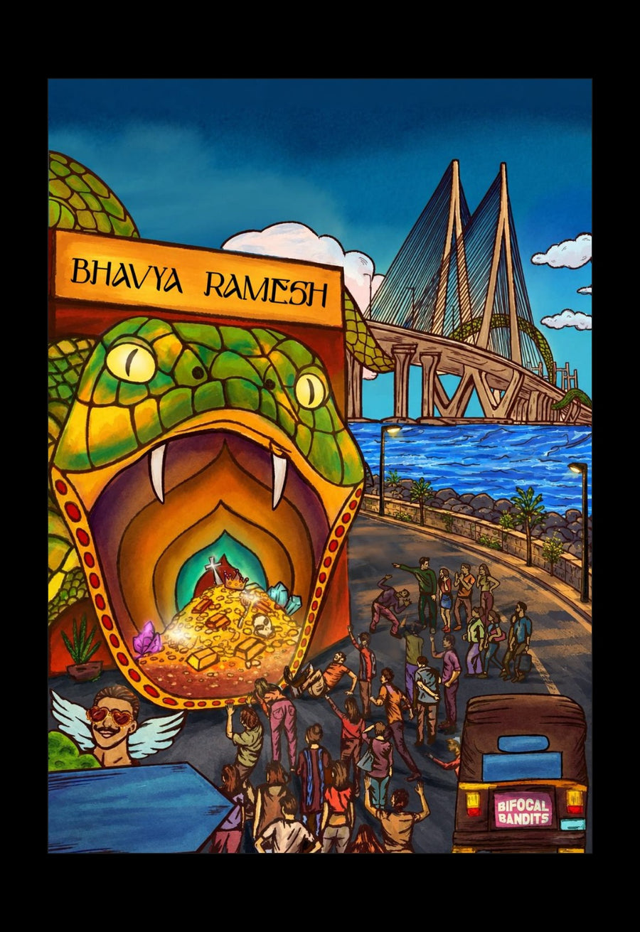 The full illustration on the Bhavya Ramesh gift card: a serpent shopfront full of treasure, the Sea Link behind