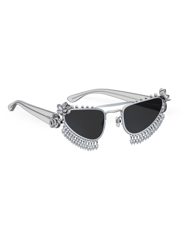 Chameli Sunglasses in 925 sterling silver, product photo on black – sunglasses, Bhavya Ramesh
