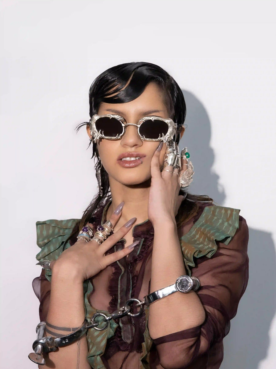 Clawless Sunglasses in 925 sterling silver, worn by a model – sunglasses, Bhavya Ramesh