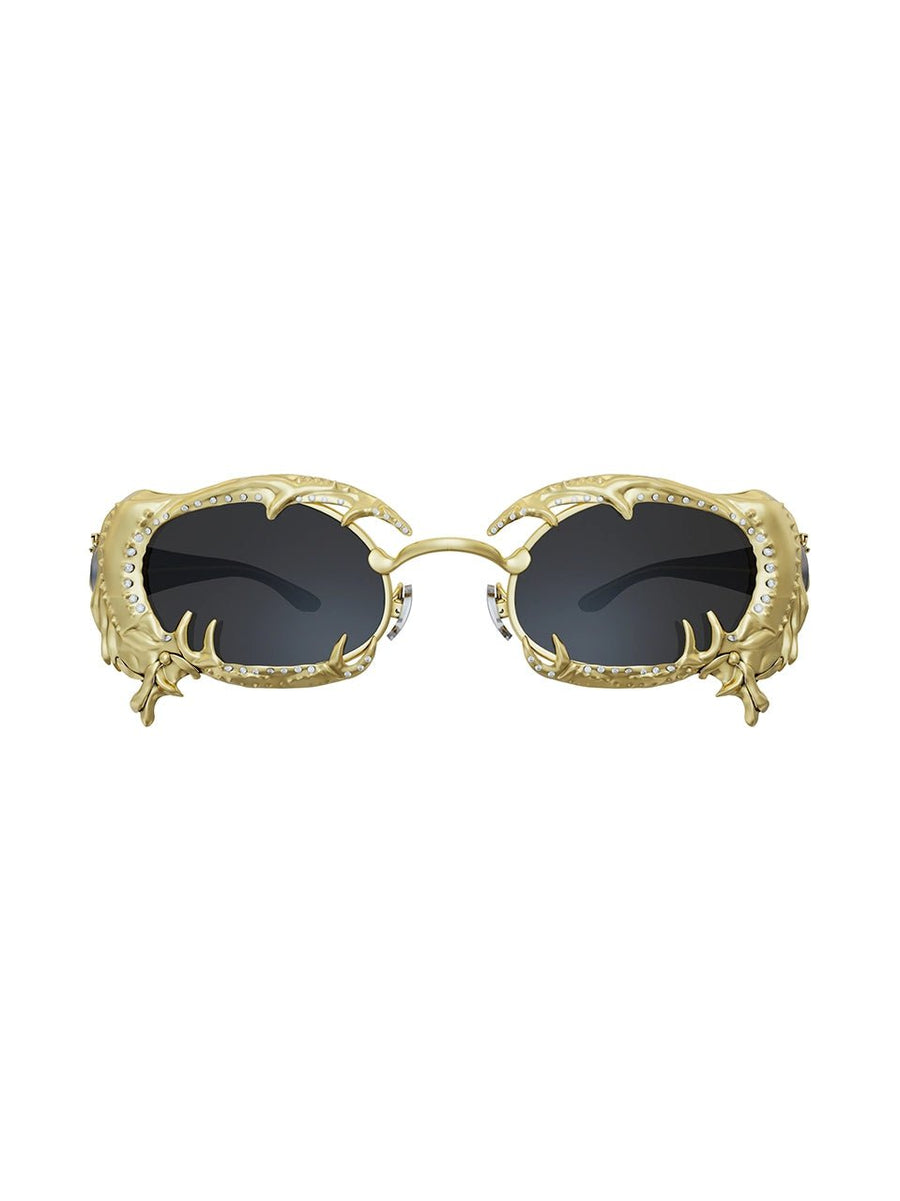 Clawless Sunglasses in 18-carat gold plating on sterling silver, product photo on black – sunglasses, Bhavya Ramesh