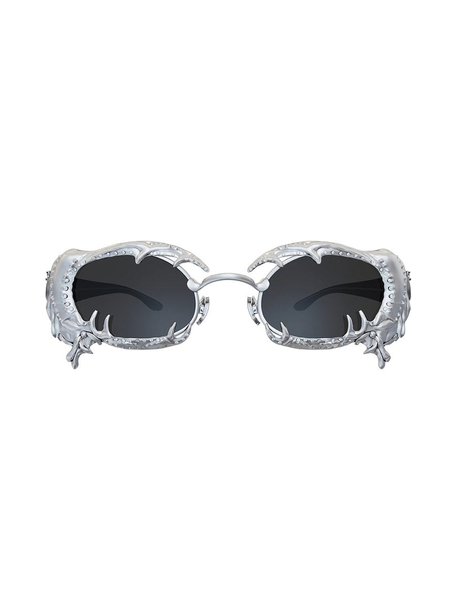 Clawless Sunglasses in 925 sterling silver, product photo on black – sunglasses, Bhavya Ramesh