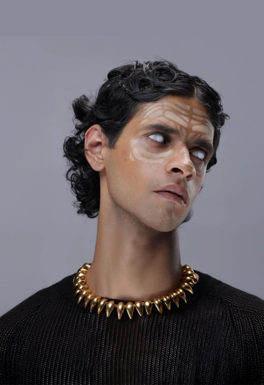Cobrath Neckpiece in 18-carat gold plating on sterling silver, worn by a model – neck pieces, Bhavya Ramesh