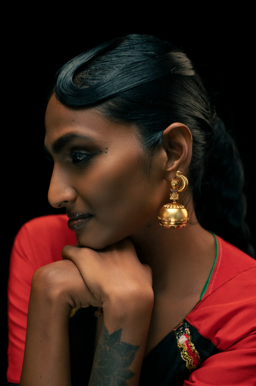Dera Earrings in 18-carat gold plating on sterling silver, worn by a model – earrings, Bhavya Ramesh