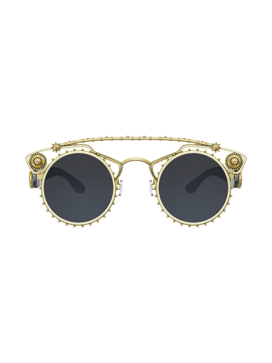 Dinero Sunglasses in sterling silver, product photo on black – sunglasses, Bhavya Ramesh