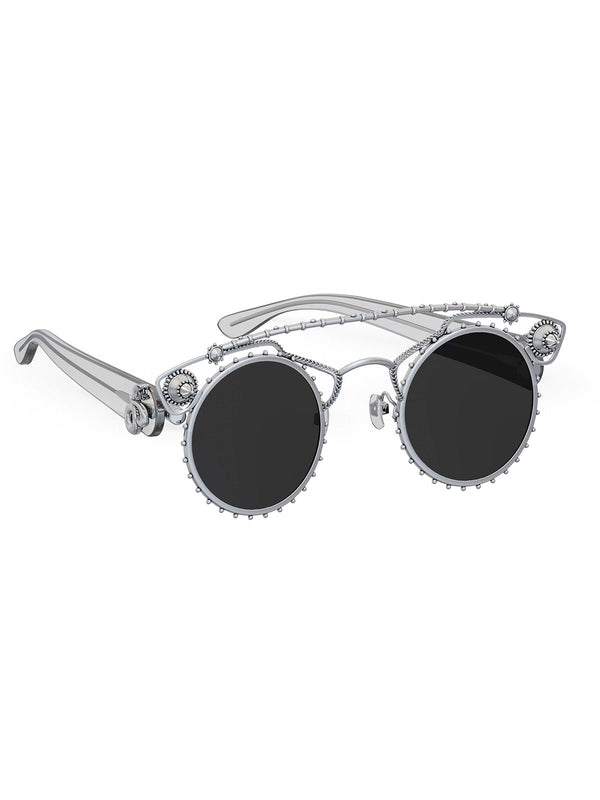 Dinero Sunglasses in sterling silver, product photo on black – sunglasses, Bhavya Ramesh