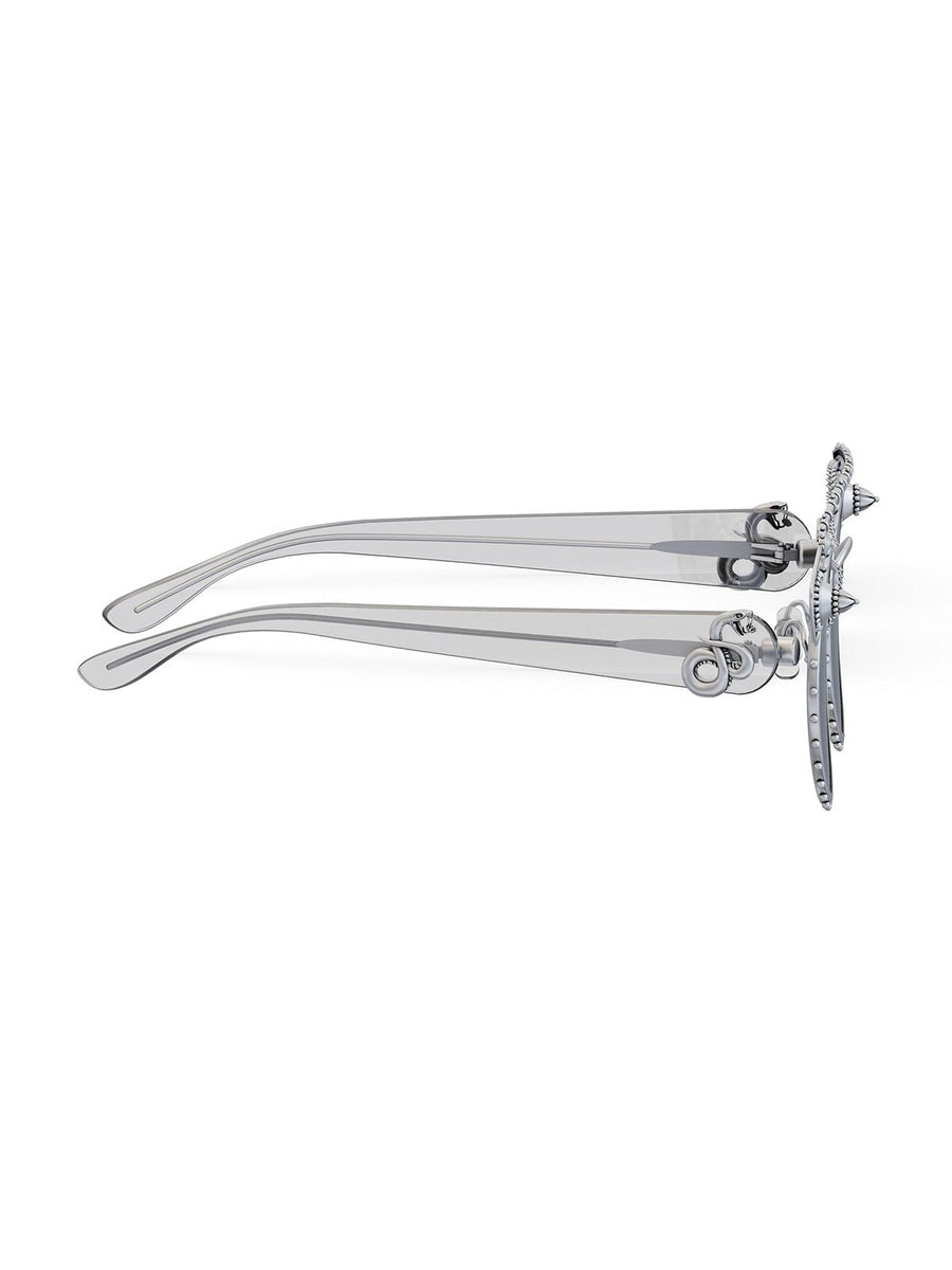 Dinero Sunglasses in sterling silver, product photo on black – sunglasses, Bhavya Ramesh