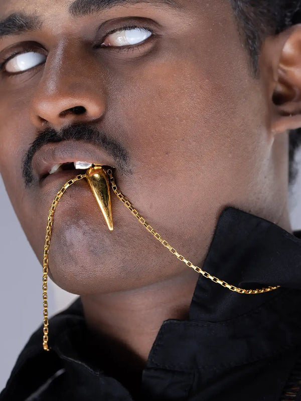Fangryn Neckpiece in 18-carat gold plating on sterling silver, worn by a model – neck pieces, Bhavya Ramesh