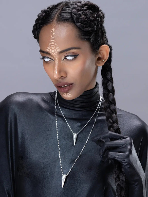 Fangryn Neckpiece in 925 sterling silver, product photo on black – neck pieces, Bhavya Ramesh