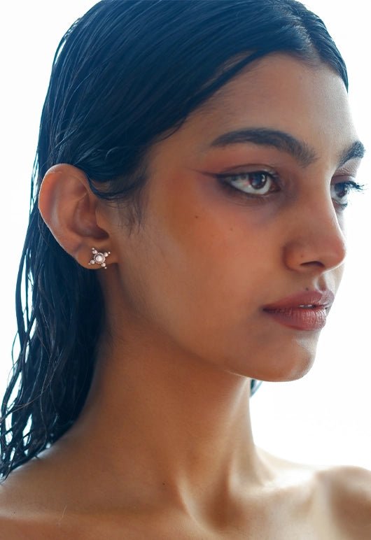 Four Corners Earring in sterling silver, worn by a model – earrings, Bhavya Ramesh