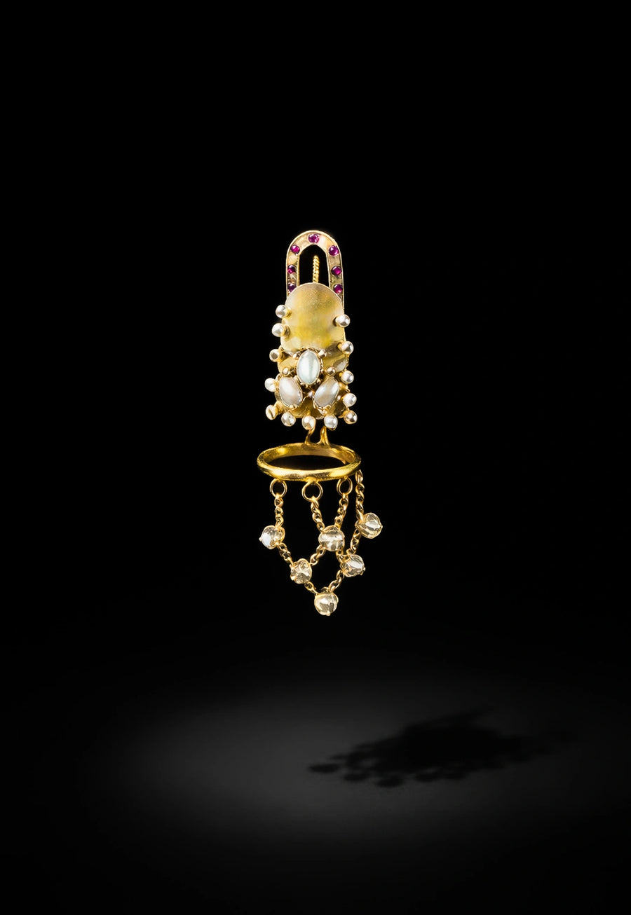 The Empress in 18-carat gold plating on sterling silver, product photo on black – nail rings, Bhavya Ramesh