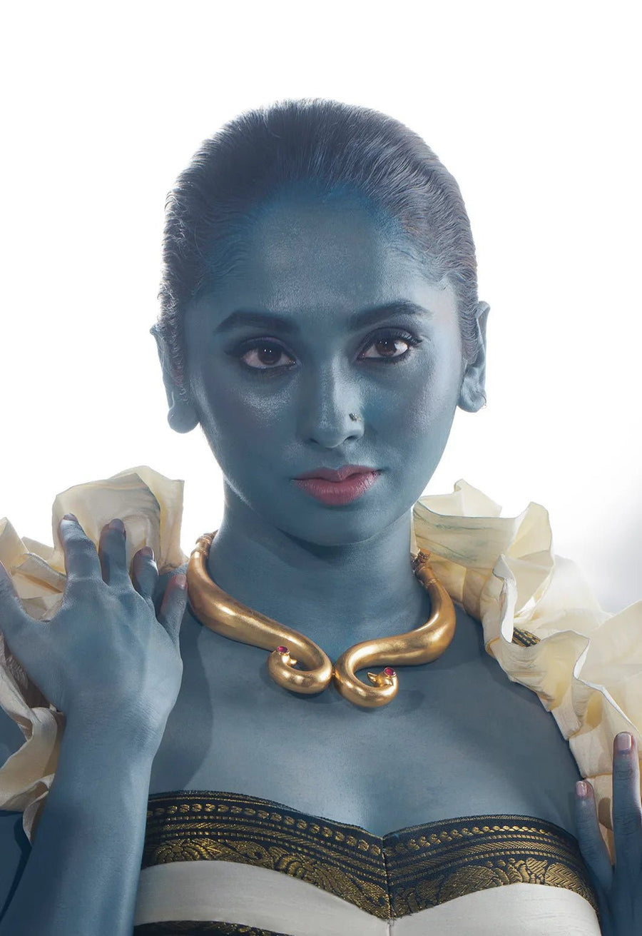 GalacticGrace in 18-carat gold plating on sterling silver, product photo on black – neck pieces, Bhavya Ramesh