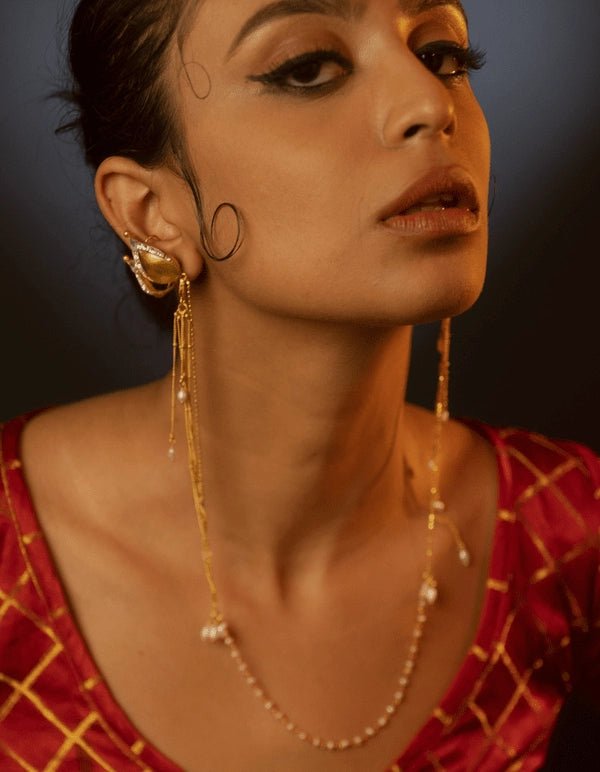 Ghevar Eardrips in 18-carat gold plating on sterling silver, worn by a model – earrings, Bhavya Ramesh