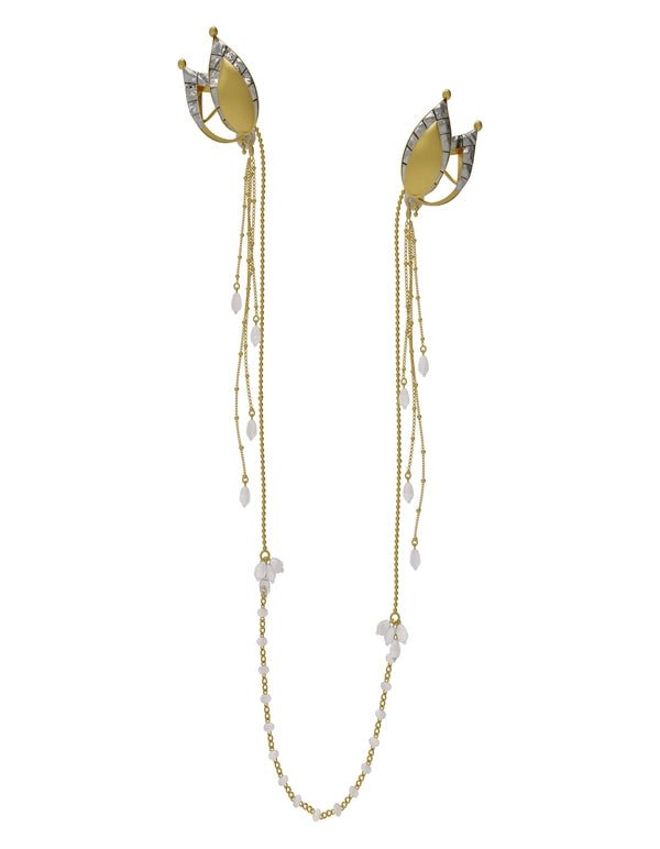 Ghevar Eardrips in sterling silver, product photo on black – earrings, Bhavya Ramesh