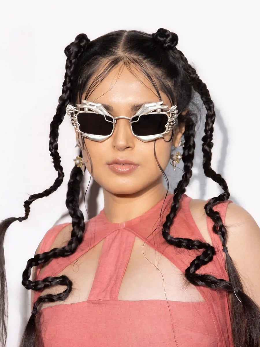 Heizengaze Sunglasses in 925 sterling silver, worn by a model – sunglasses, Bhavya Ramesh