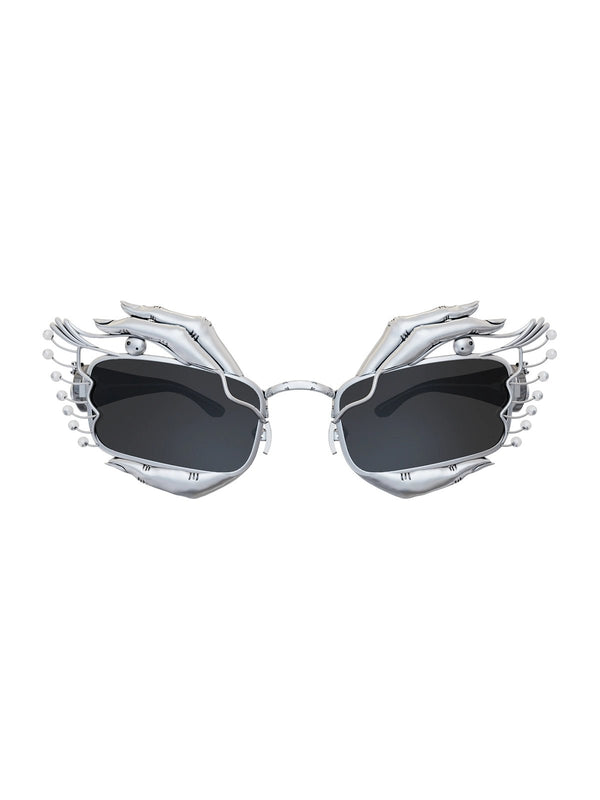 Heizengaze Sunglasses in 925 sterling silver, product photo on black – sunglasses, Bhavya Ramesh
