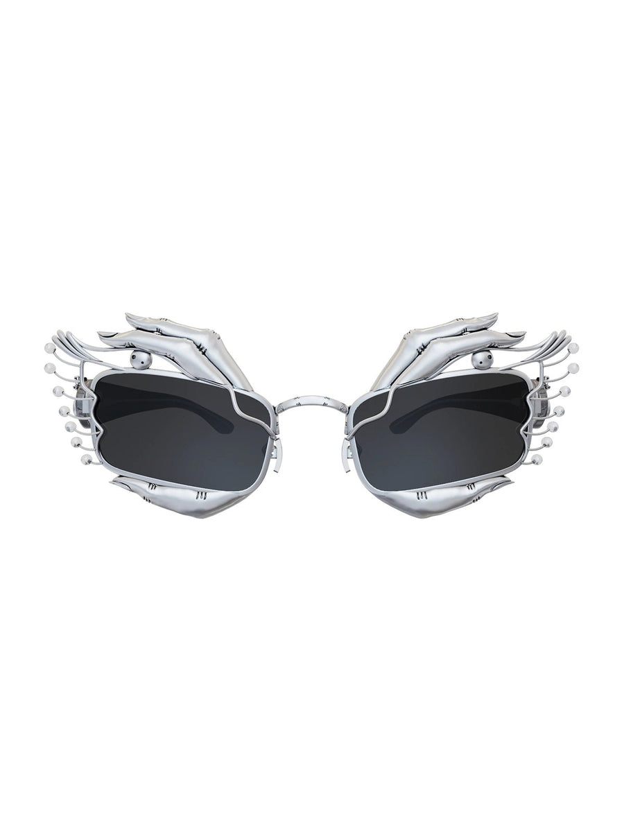 Heizengaze Sunglasses in 925 sterling silver, product photo on black – sunglasses, Bhavya Ramesh