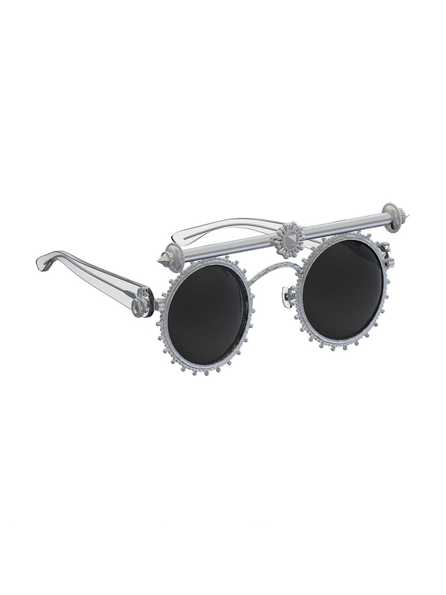 Hysteria Sunglasses in sterling silver, product photo on black – sunglasses, Bhavya Ramesh