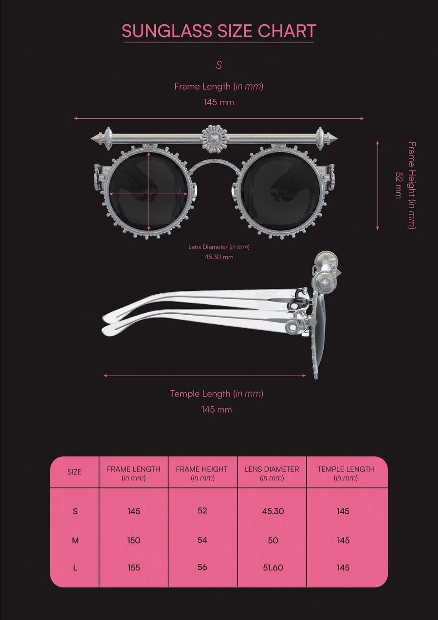 Hysteria Sunglasses in sterling silver, product photo on black – sunglasses, Bhavya Ramesh