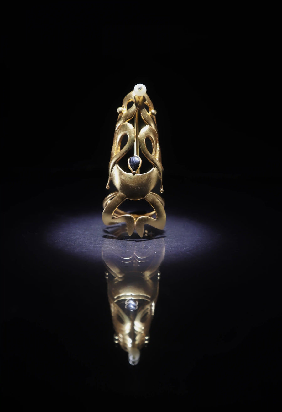 Jwala in 18-carat gold plating on sterling silver, product photo on black – nail rings, Bhavya Ramesh