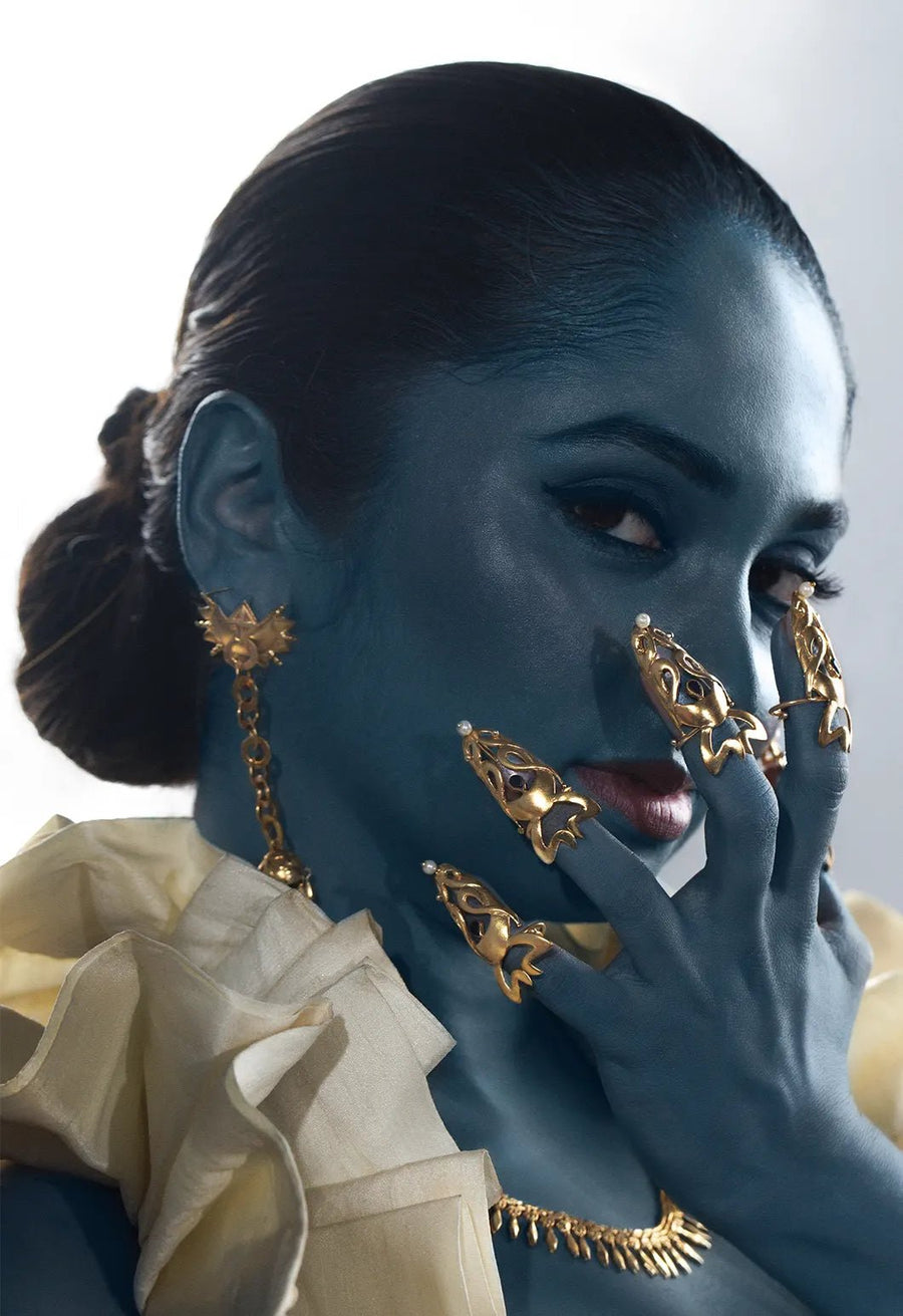 Jwala in 18-carat gold plating on sterling silver, worn by a model – nail rings, Bhavya Ramesh