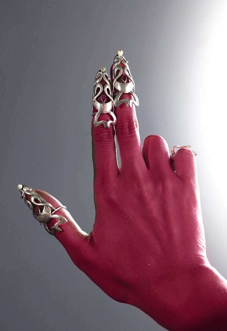 Jwala in 925 sterling silver, product photo on black – nail rings, Bhavya Ramesh