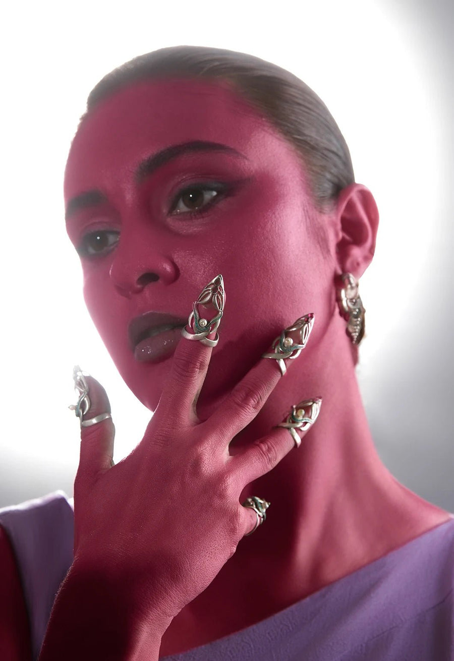 Khai in 925 sterling silver, product photo on black – nail rings, Bhavya Ramesh