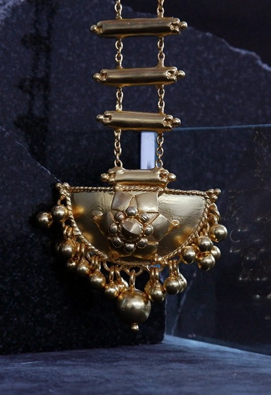 Ladder Maang Tika in 18-carat gold plating on sterling silver, worn by a model – maang tika, Bhavya Ramesh