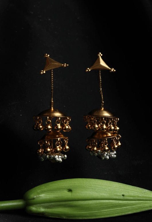 Layers of Self Earrings in 18-carat gold plating on sterling silver, product photo on black – earrings, Bhavya Ramesh