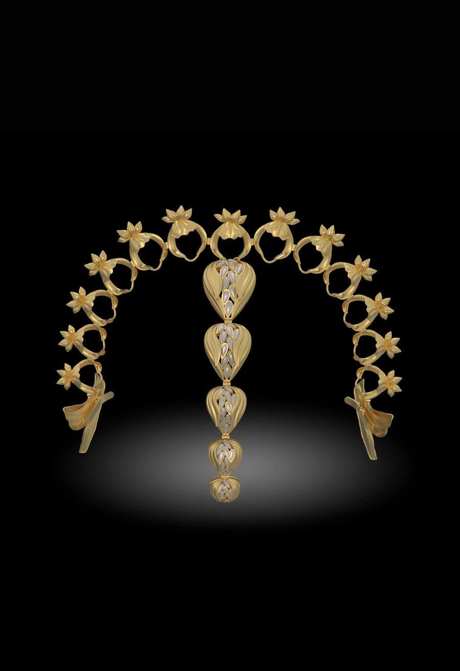Lunar Lance in 18-carat gold plating on sterling silver, product photo on black – hair harness, maangtika, Bhavya Ramesh