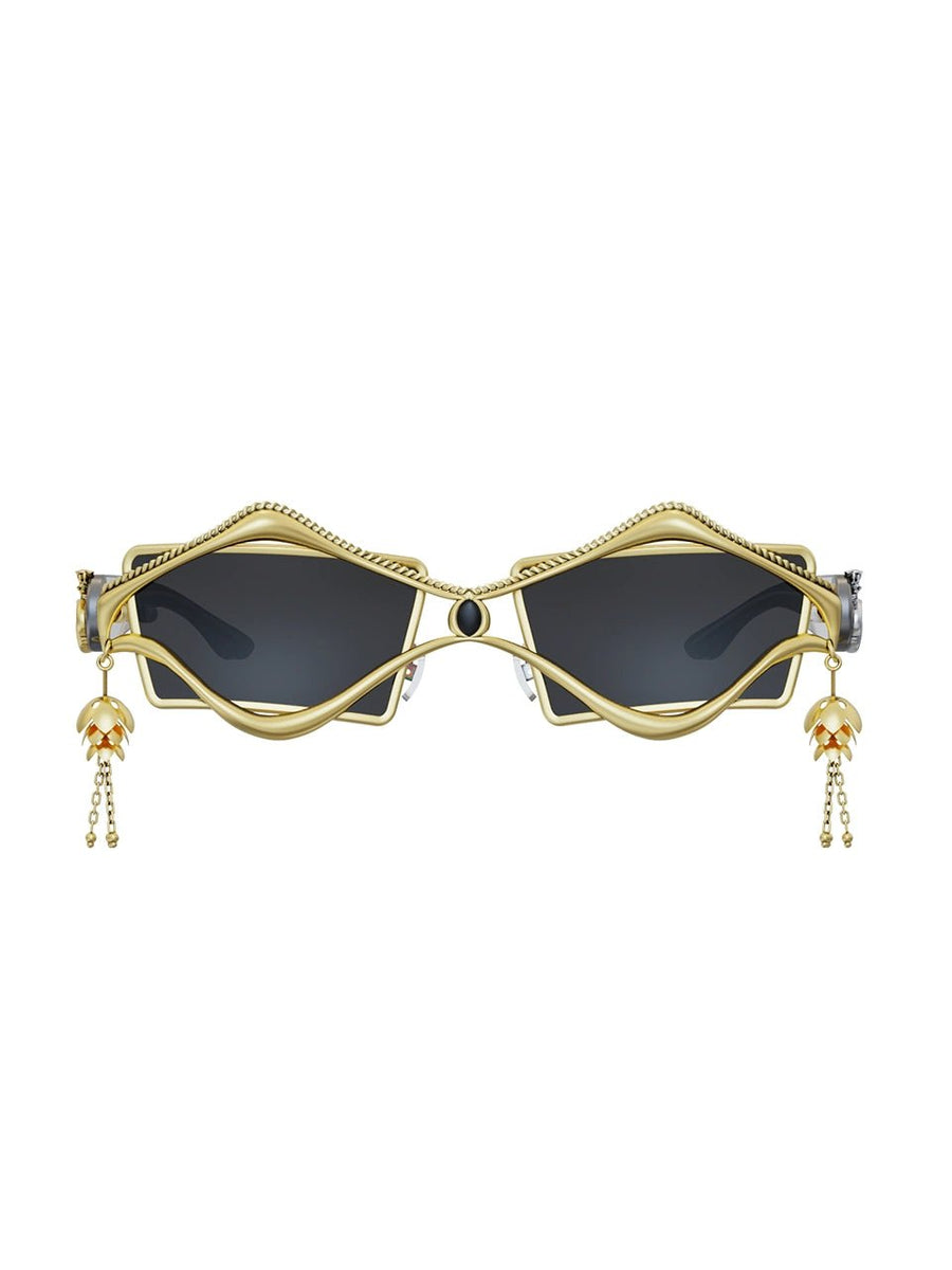 Machi Sunglasses in 18-carat gold plating on sterling silver, product photo on black – sunglasses, Bhavya Ramesh