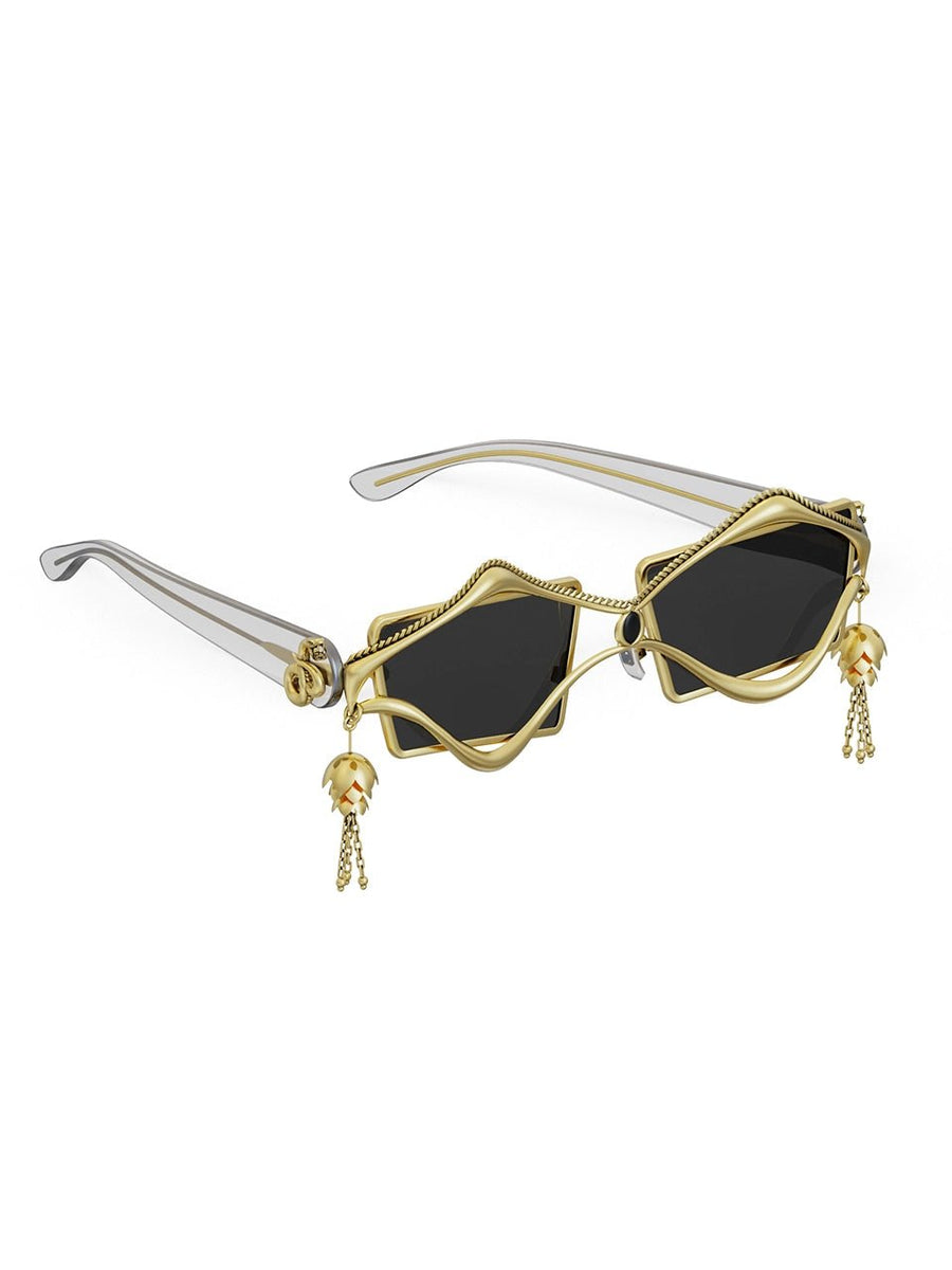 Machi Sunglasses in 18-carat gold plating on sterling silver, product photo on black – sunglasses, Bhavya Ramesh
