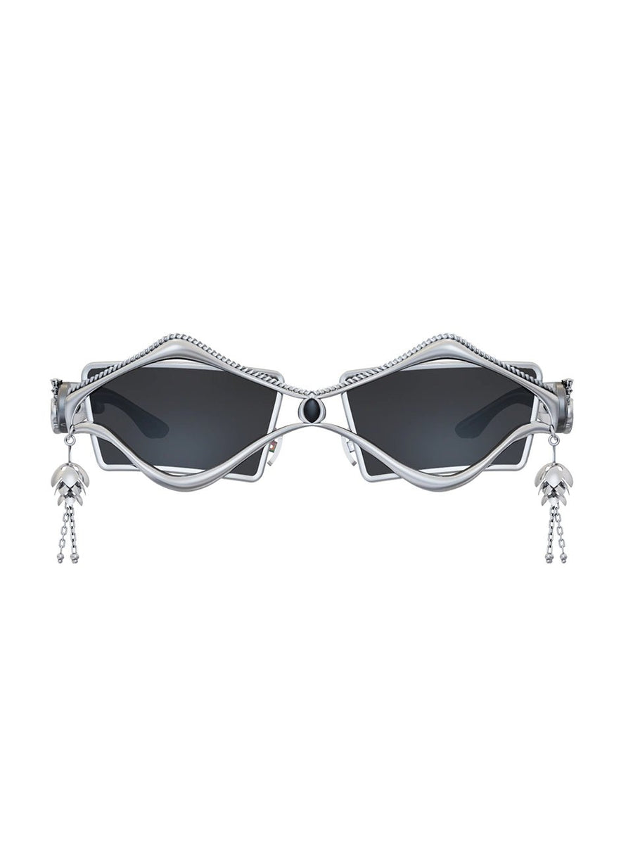 Machi Sunglasses in 925 sterling silver, product photo on black – sunglasses, Bhavya Ramesh