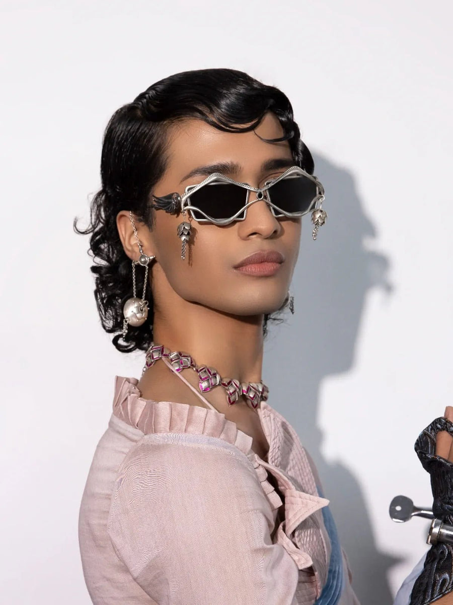 Machi Sunglasses in 925 sterling silver, worn by a model – sunglasses, Bhavya Ramesh