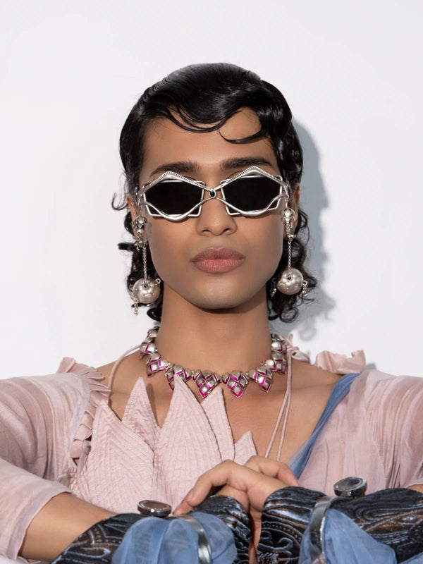 Machi Sunglasses in 925 sterling silver, worn by a model – sunglasses, Bhavya Ramesh