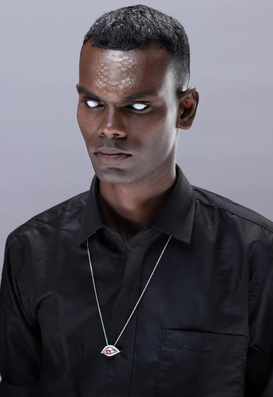 Nayankya Neckpiece in 925 sterling silver, product photo on black – neck pieces, Bhavya Ramesh
