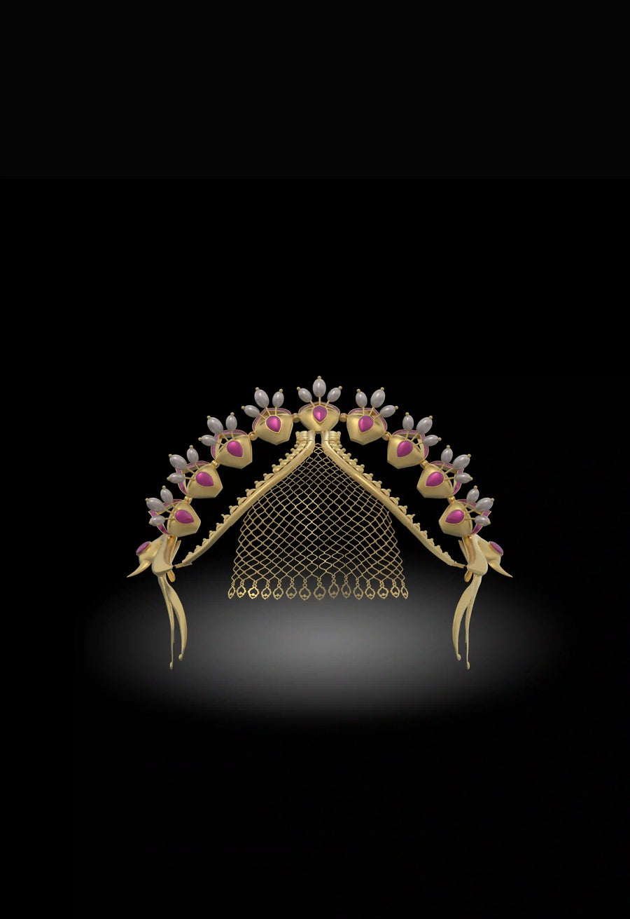 Palki in 18-carat gold plating on sterling silver, product photo on black – hair harness, maangtika, Bhavya Ramesh