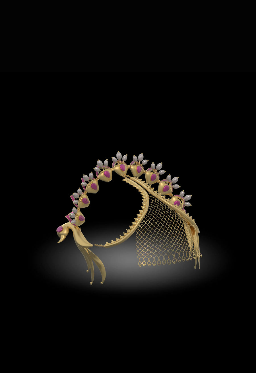 Palki in 18-carat gold plating on sterling silver, product photo on black – hair harness, maangtika, Bhavya Ramesh