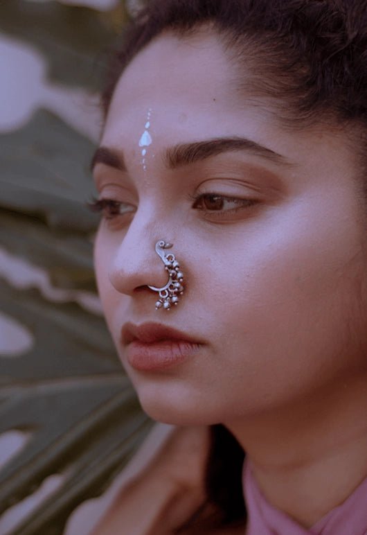 Peacock Nath in 925 sterling silver, worn by a model – nose pin, Bhavya Ramesh